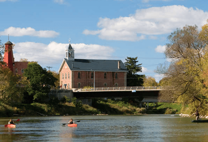 the historic Town Hall and the Saugeen River in Paisley, Ontario